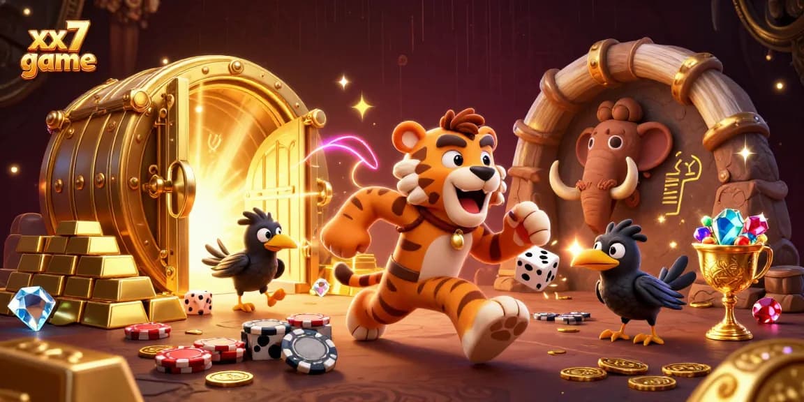 Experience the excitement of the xx7 game with a thrilling casino scene featuring a caveman and sabertooth tiger.