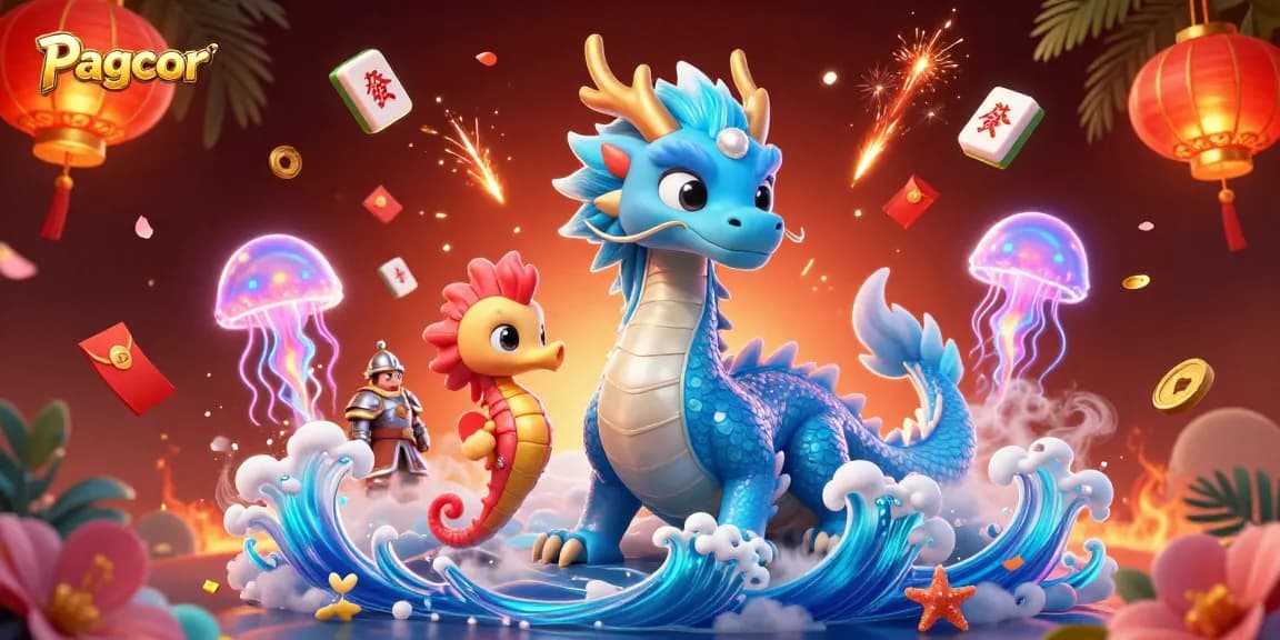 Experience thrilling Pagcor gaming with stunning visuals of an azure dragon and vivid casino elements.