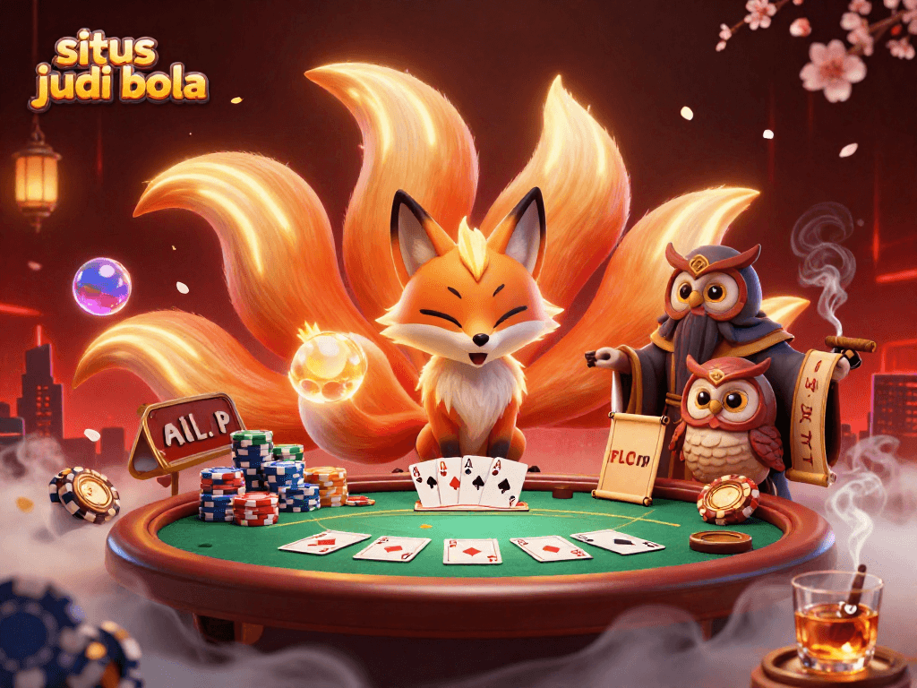 Engage with situs judi bola in this colorful casino scene featuring a glowing nine-tailed fox and poker elements.