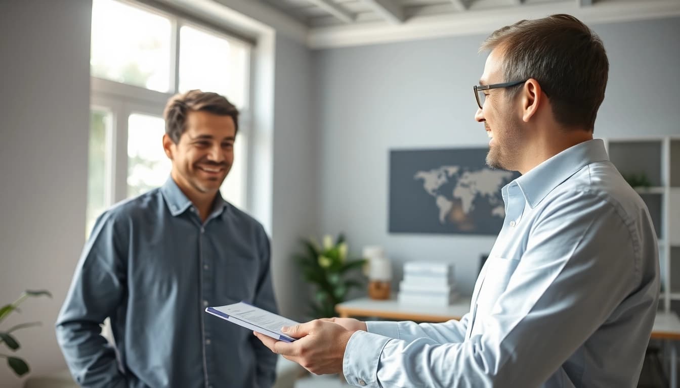 Frictionless warranty experience illustrated with a customer and representative in a modern office.