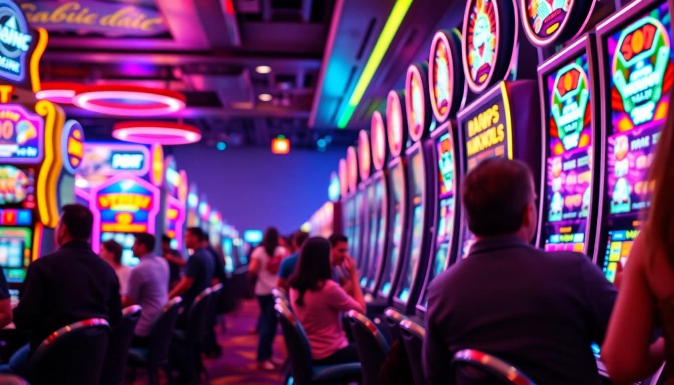 Permainan aplikasi slot dengan mesin modern di kasino, menampilkan interaksi pemain penuh semangat.