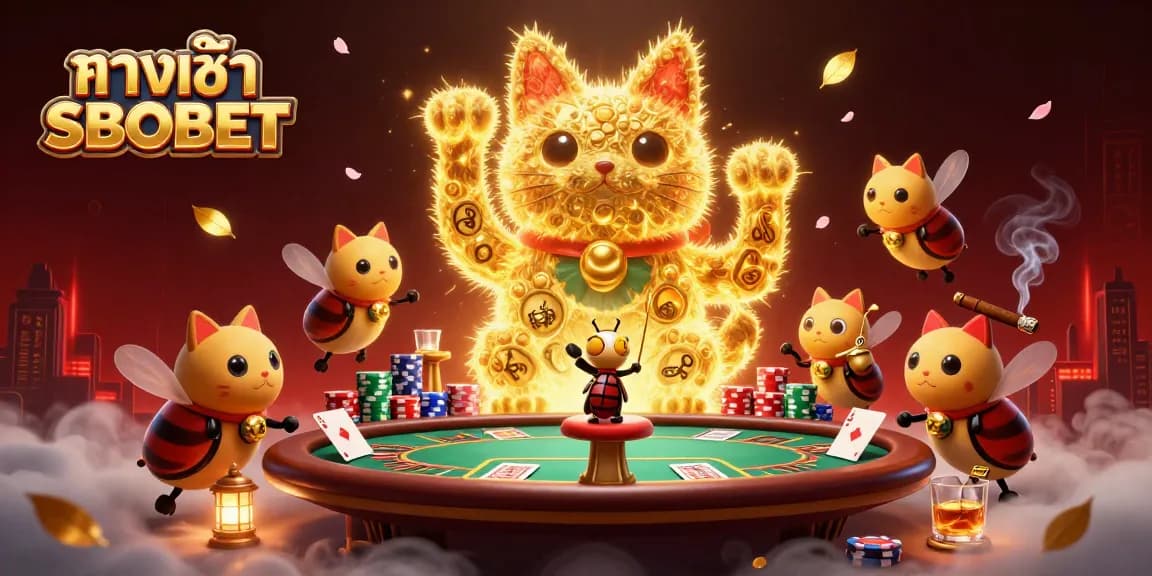 Engage with ทางเข้า SBOBET as golden fireflies create a lucky cat amidst vibrant casino action.