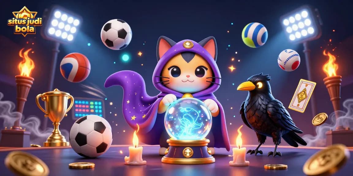 Engage with situs judi bola showcasing a vibrant scene with mystical characters and dynamic sports elements.