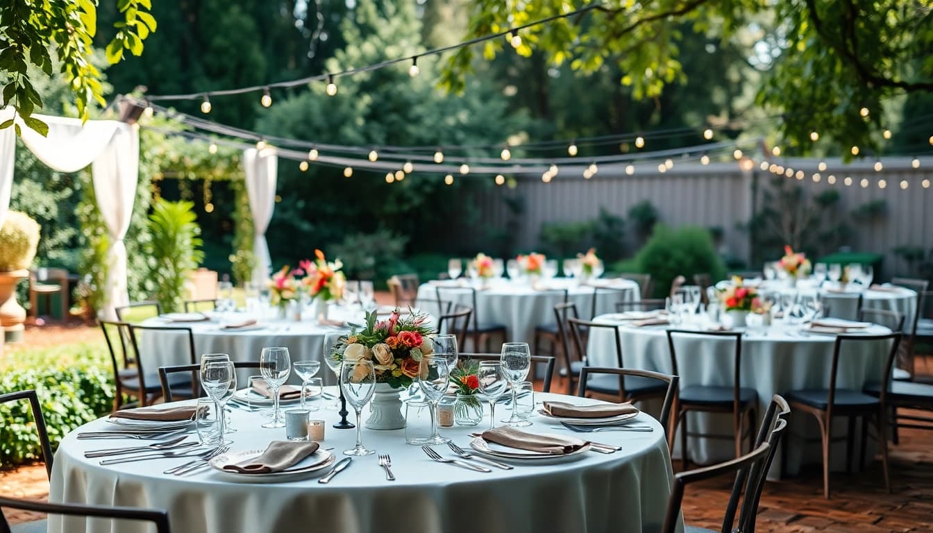 Elegant table rentals set in a beautifully arranged outdoor event.