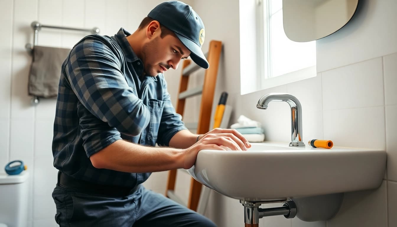 Ein Sanitärinstallateur von sonni sanitär GmbH repariert ein modernes Waschbecken in einem hellen Badezimmer.