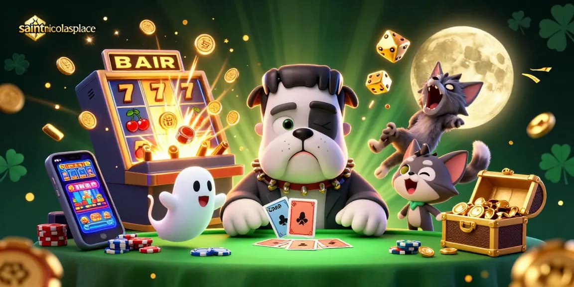 Enjoy thrilling games at saintnicolasplace with a vibrant scene featuring a Frankenstein bulldog and eclectic casino elements.