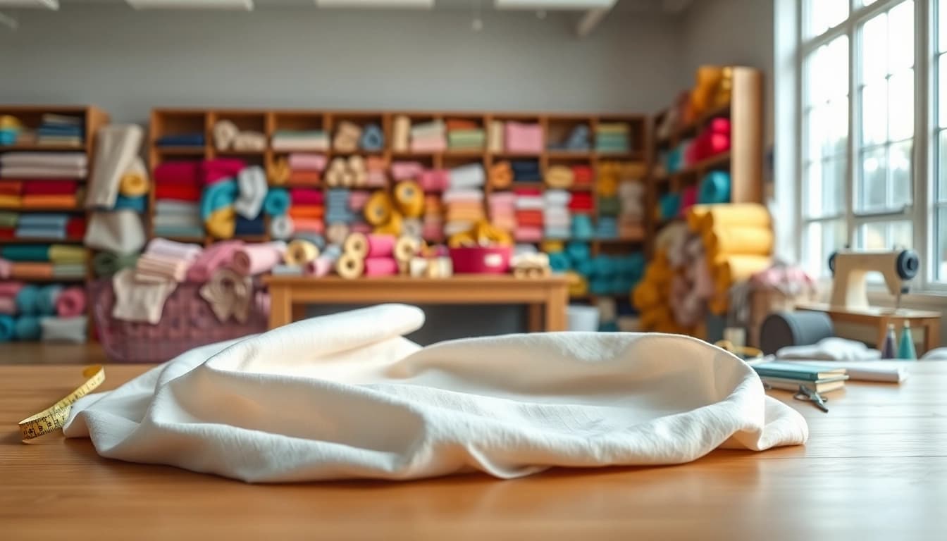 Katoen stof met kleurrijke rollen in een lichte stofwinkel