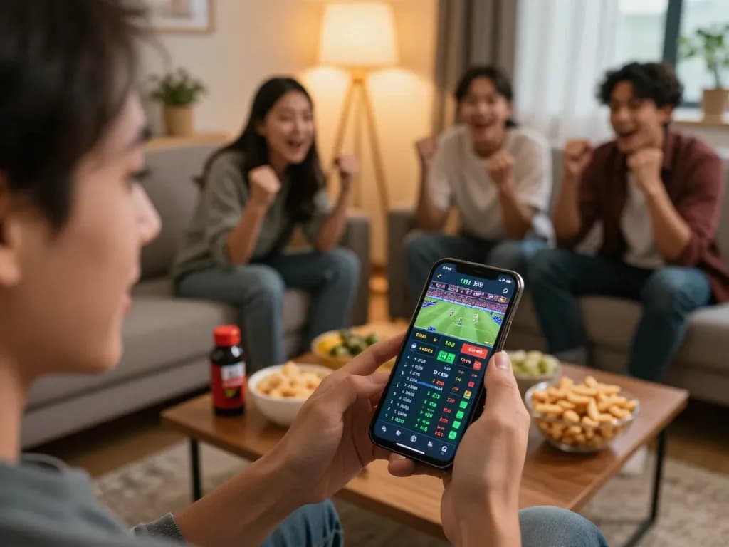 Engaging in sports betting with nk88e on smartphone while enjoying friends' company at home.