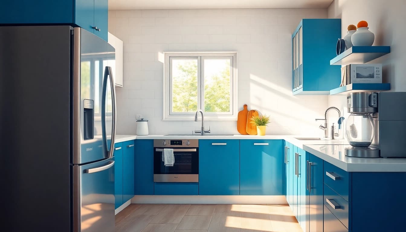Showcasing diverse home appliances in a modern kitchen with natural lighting.