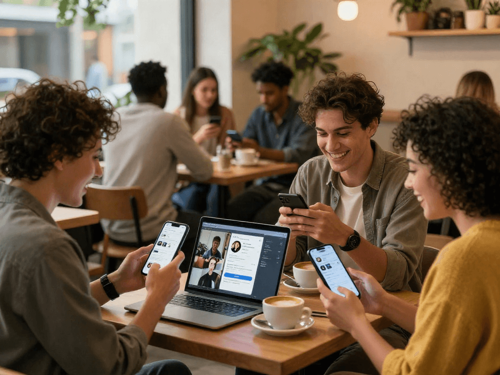 Group enjoying a cozy café while exploring crush on dating methods through smartphones and engaging discussions.