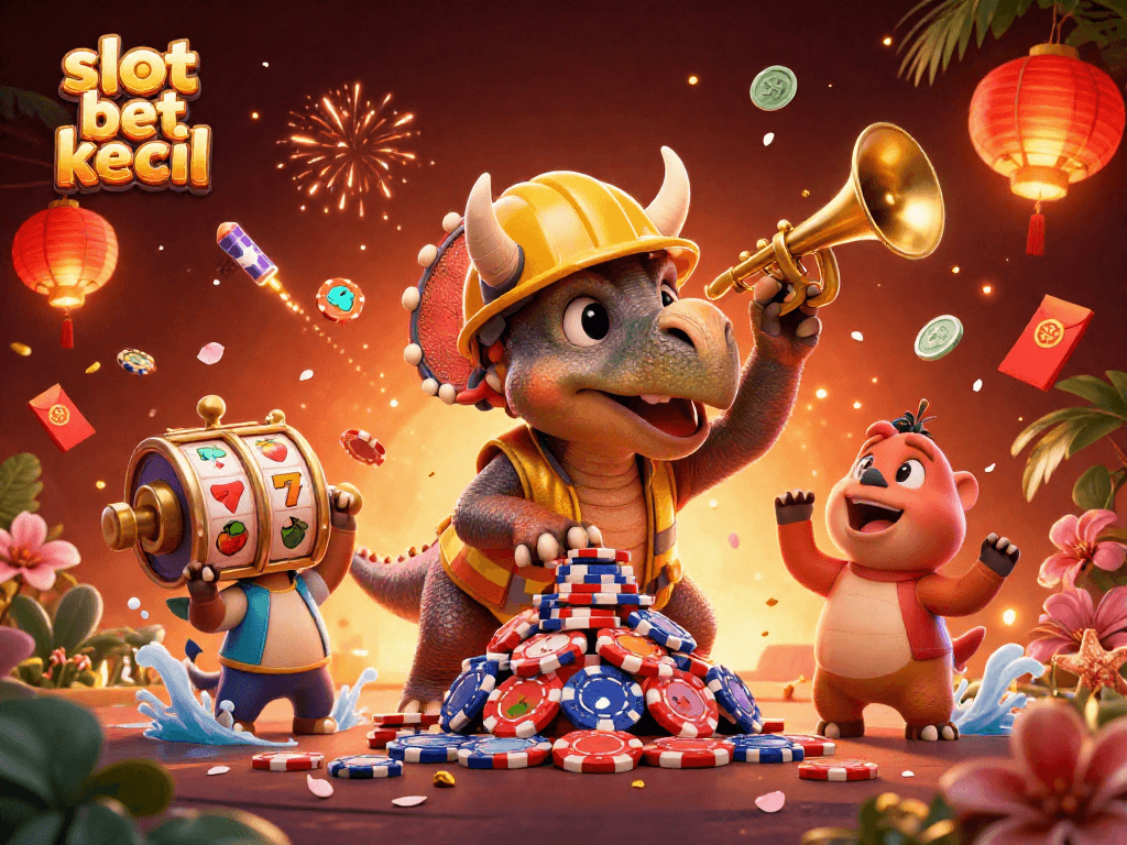 Slot bet kecil dengan karakter kartun kasino yang merayakan kemenangan jackpot dan permainan mengasyikkan.