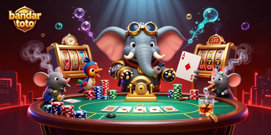 Experience the excitement of bandar toto with a steampunk elephant at the golden slot machine surrounded by poker action.