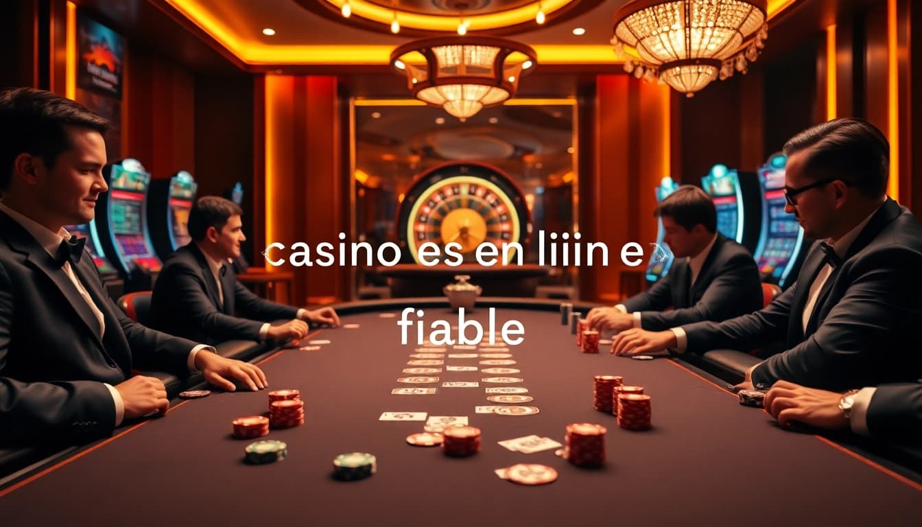 Joueurs engagés en train de réfléchir à une stratégie à une table dans un casino en ligne fiable avec des jetons de poker et des cartes vibrants.