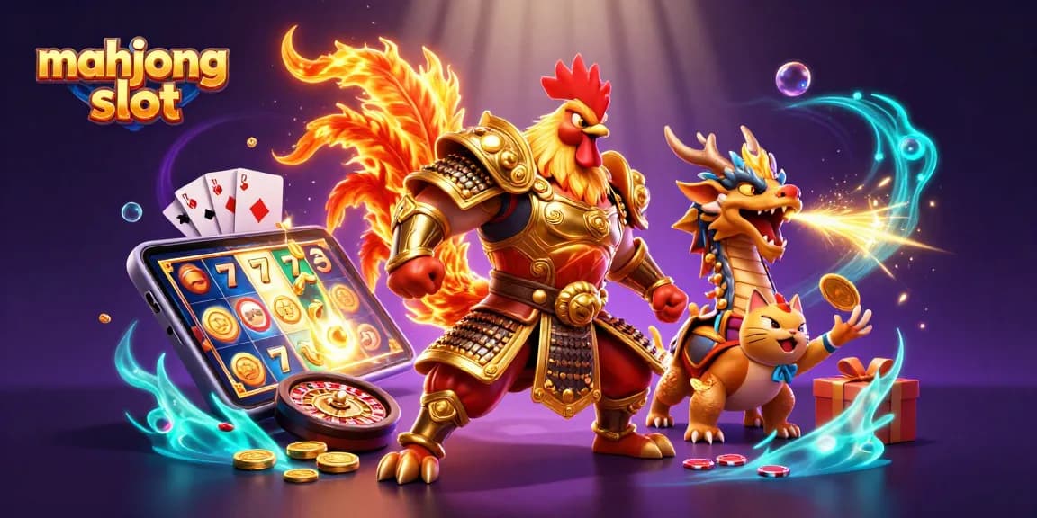 Experience mahjong slot excitement with fierce characters surrounded by dynamic casino elements.