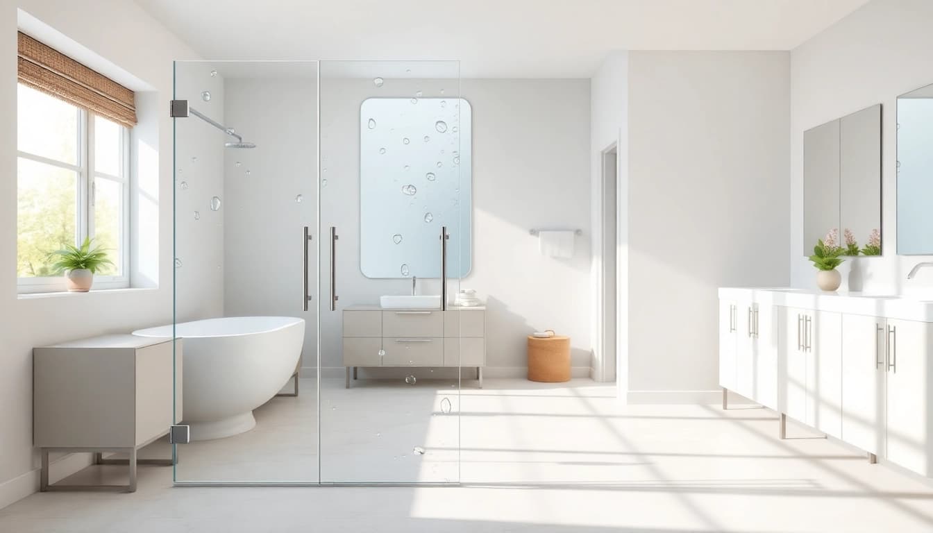 Elegant glass shower doors showcasing modern design in a brightly-lit bathroom.