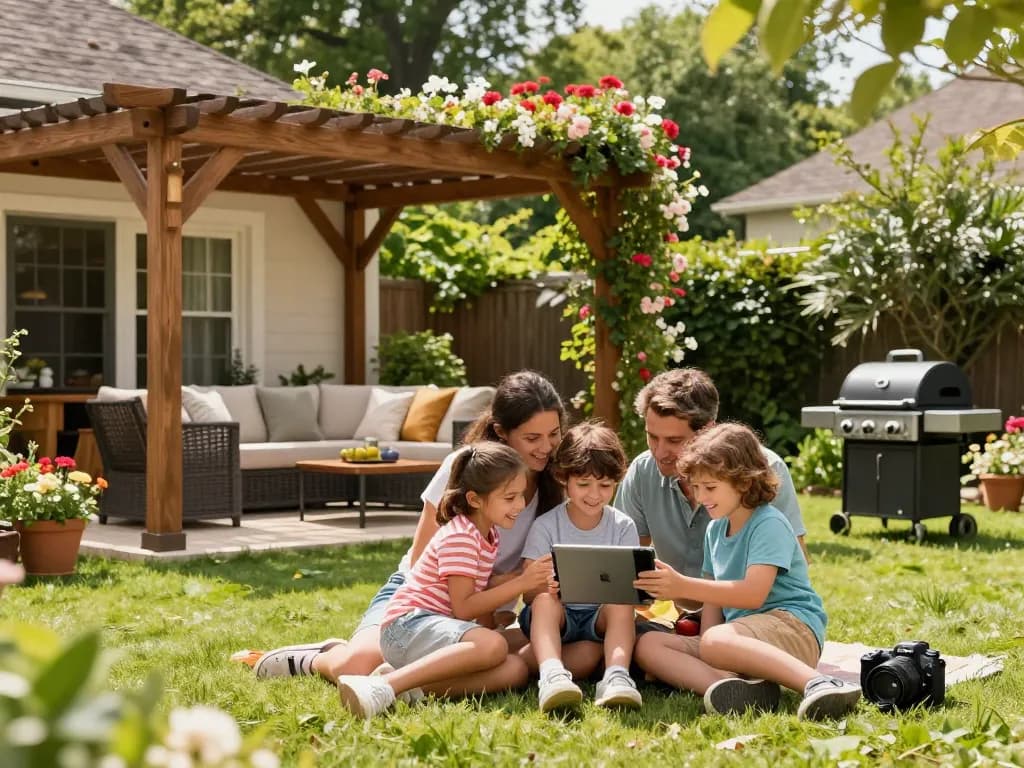 Engaged family using a custom pergola configurator outdoors, surrounded by a beautiful garden.