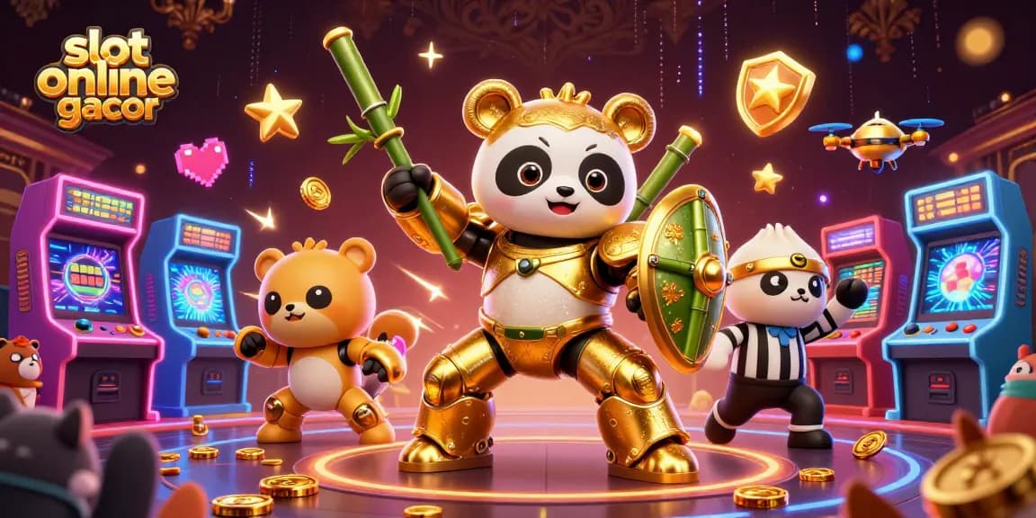 Experience winning excitement in slot online gacor with a dynamic golden panda mech suit in action.