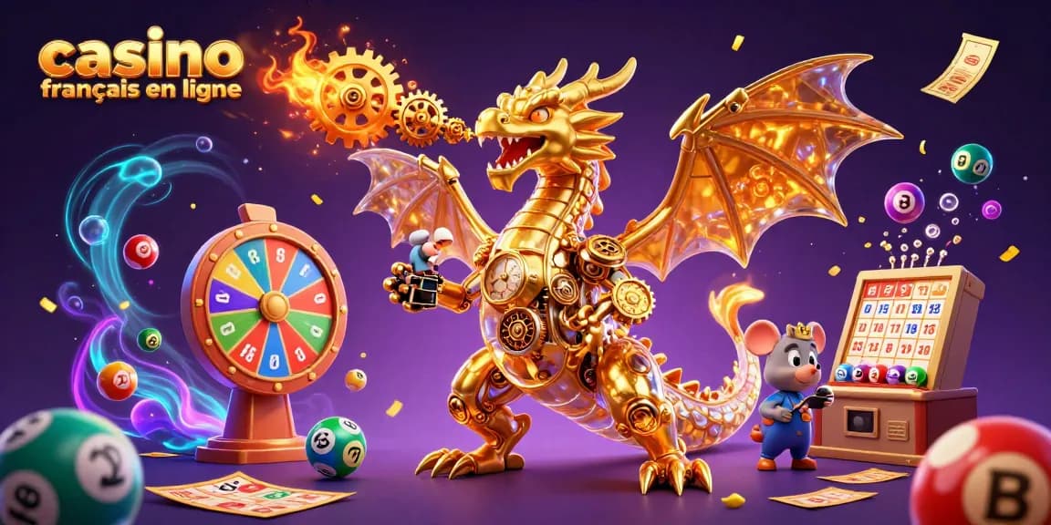 Venez découvrir les jeux de casino français en ligne avec ce dragon mécanique en 3D et des éléments de loterie.