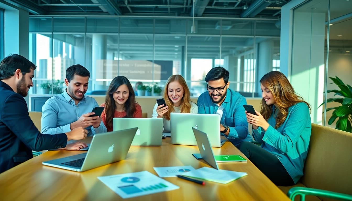 A dynamic social media agency team brainstorming strategies in a modern workspace.