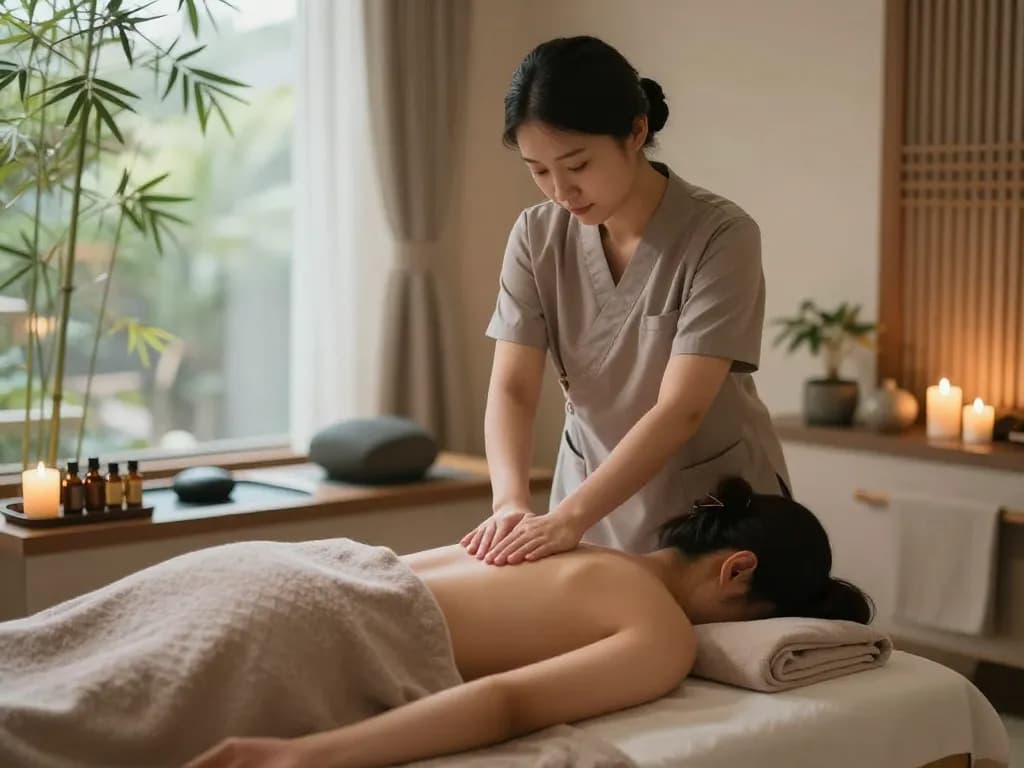 편안한 장식으로 차분한 웰니스 스파 환경에서 역삼동마사지 서비스를 제공하는 치료사, 휴식과 고요한 분위기를 포착합니다.