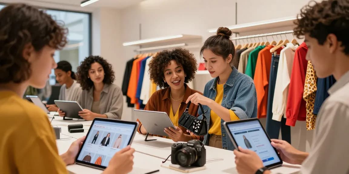 Engaging online shopping experience on shs-dome5.com with diverse young adults browsing trendy fashion.