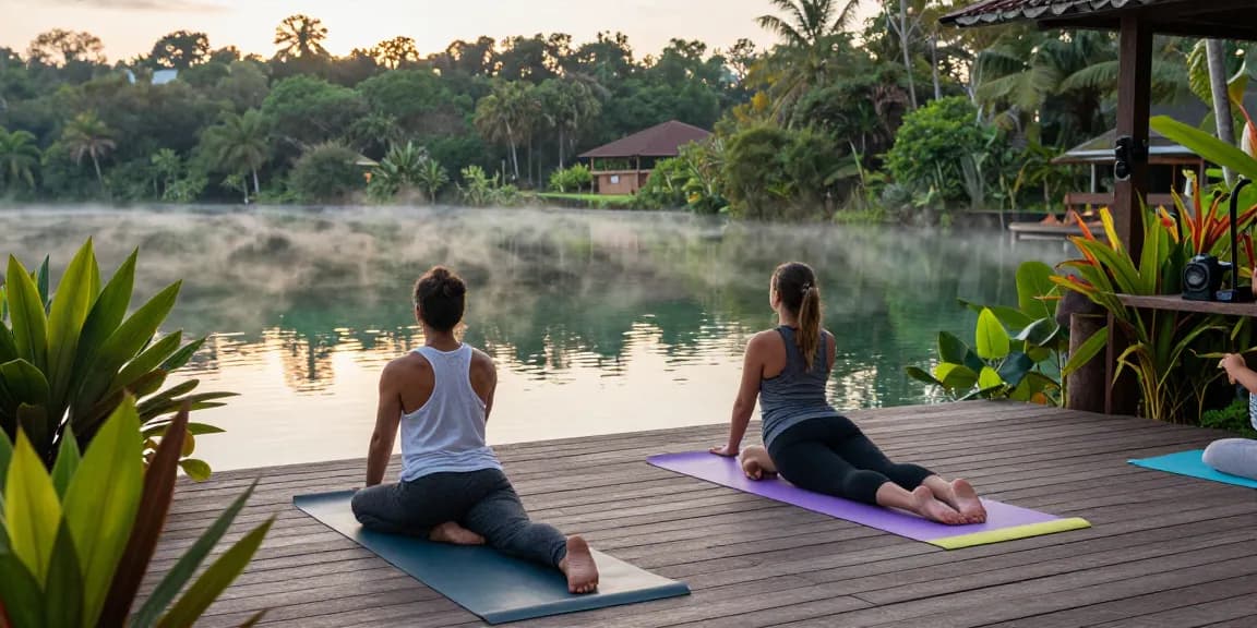 Vinyasa yoga retreat Sri Lanka with practitioners enjoying a peaceful lakeside session amidst tropical scenery.
