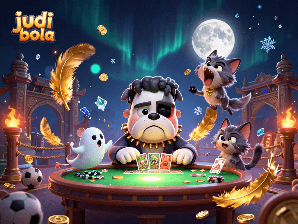 Engage in judi bola excitement with a lively 3D cartoon scene featuring a Frankenstein bulldog and a werewolf kitten.