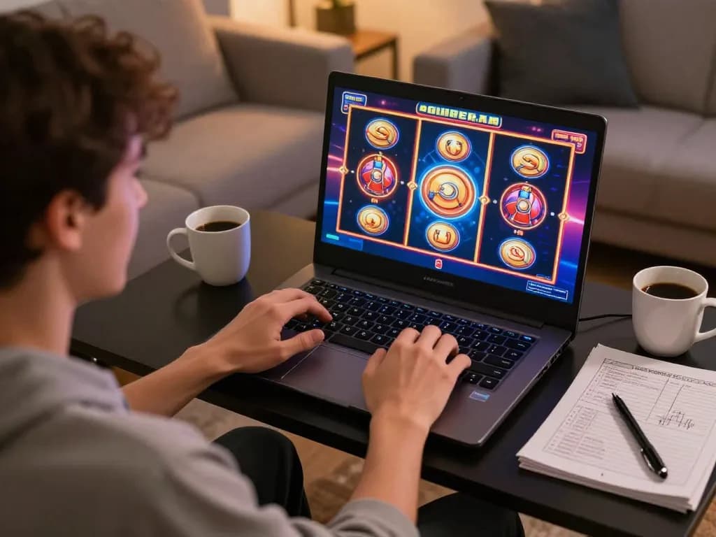Engaging gameplay of slot bonus new member 100 on a laptop with colorful graphics in a cozy home setting.