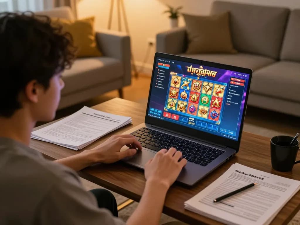 Engaging in สล็อต online gaming from a cozy living room, player analyzing strategies.