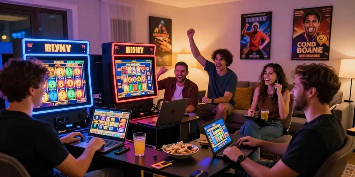 Players enjoying bonus buy slots at home, showcasing vibrant gaming atmosphere.