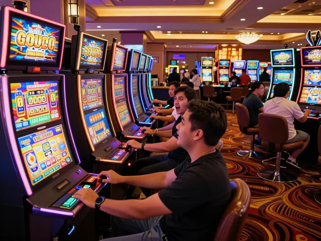Exciting scene of players winning on slot gacor machines in a vibrant casino atmosphere