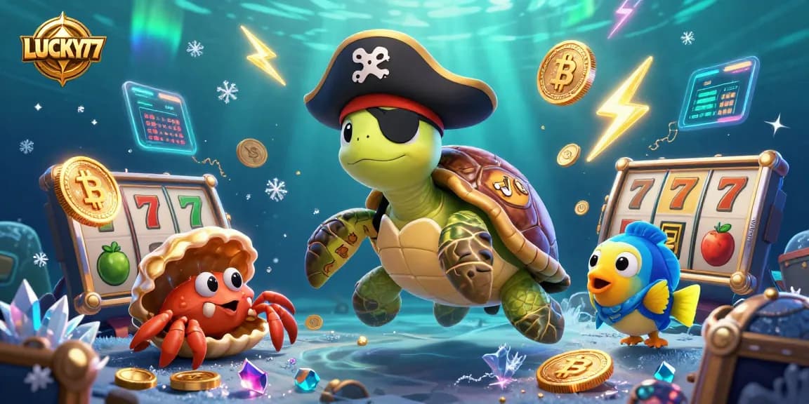 LUCKY77 showcases a vibrant underwater casino with playful characters and slot elements, capturing the essence of excitement.