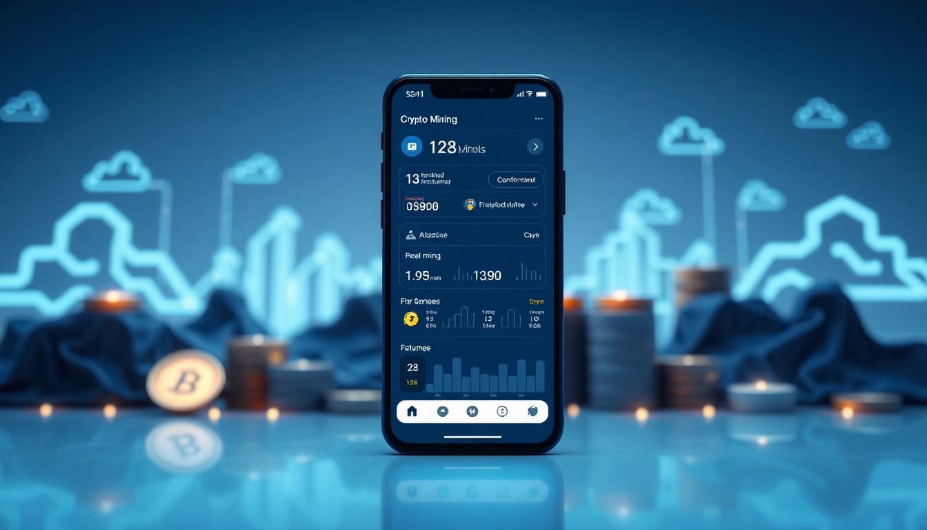 Crypto mining app interface on smartphone surrounded by digital currency elements.