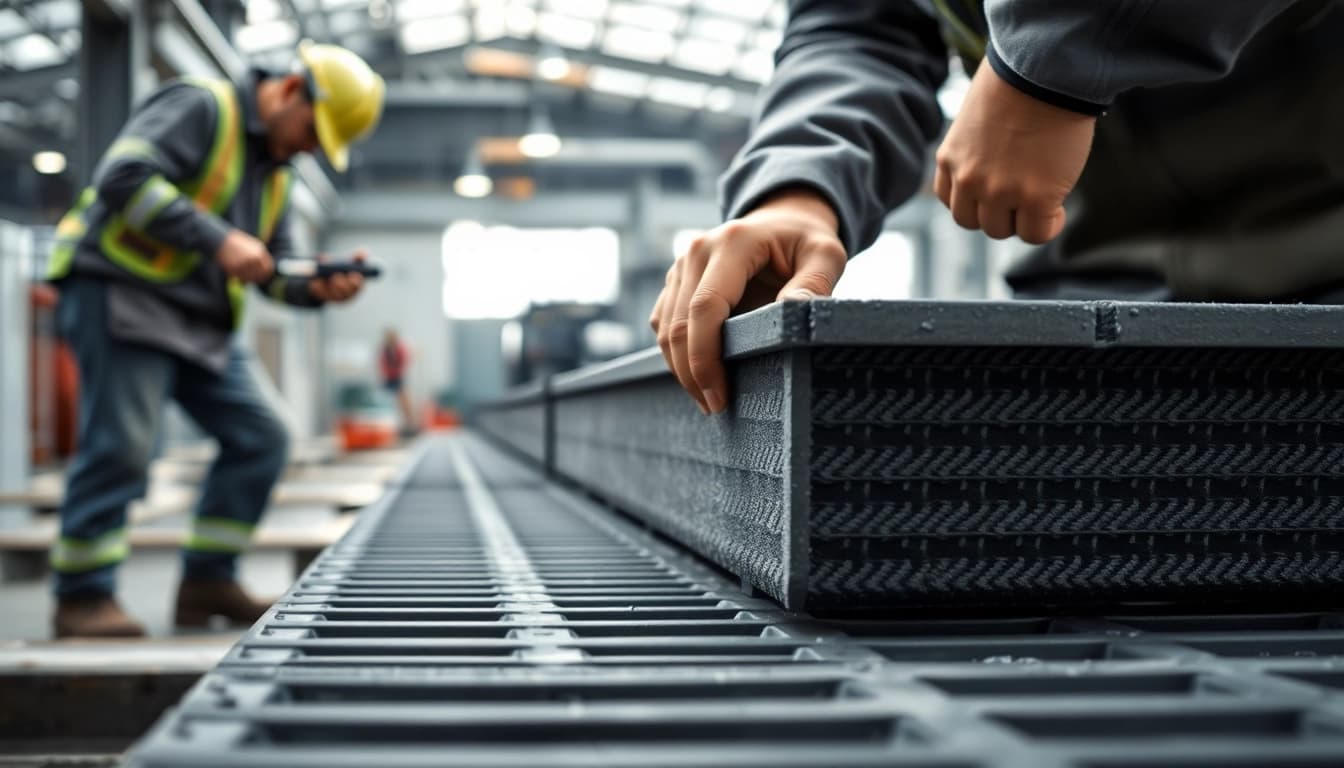 GRP Grating Supplier showcasing durable grating installation by a skilled technician with an industrial backdrop.