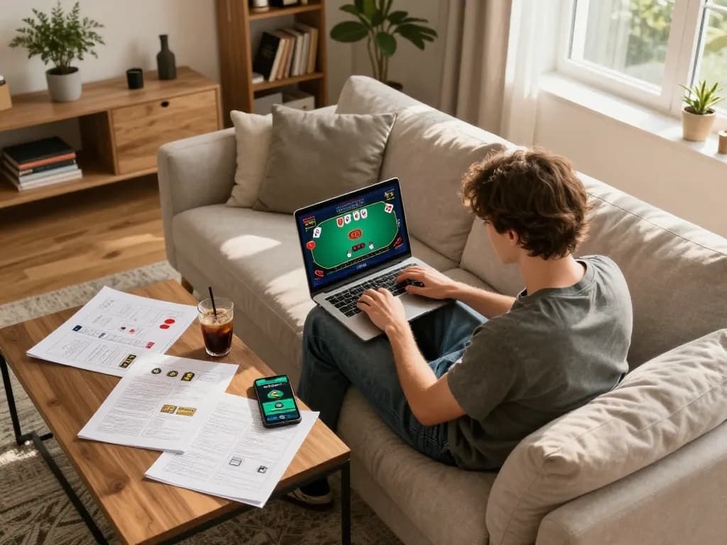 Playing casino online stranieri sicuri from home with an engaging poker game displayed on the laptop.