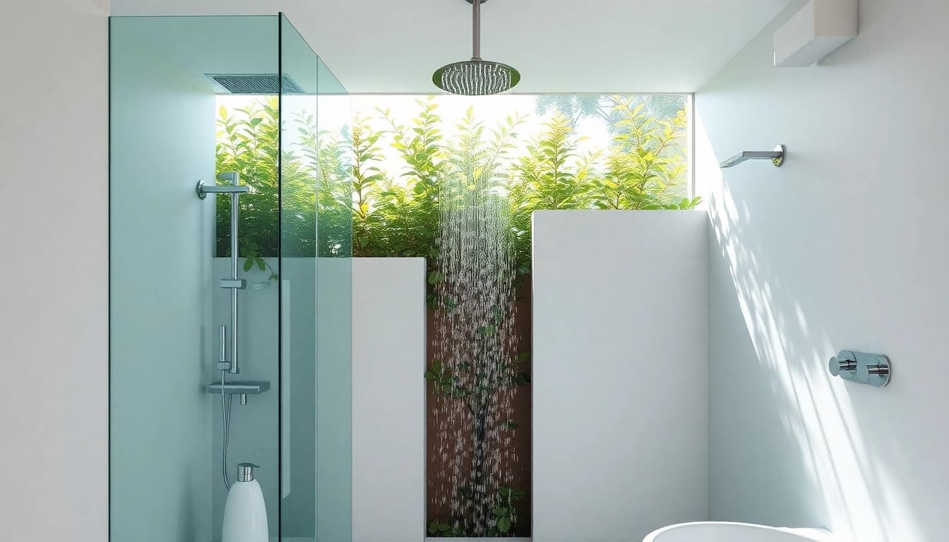 Experience elegant showers au in a luxury bathroom featuring modern designs and greenery.