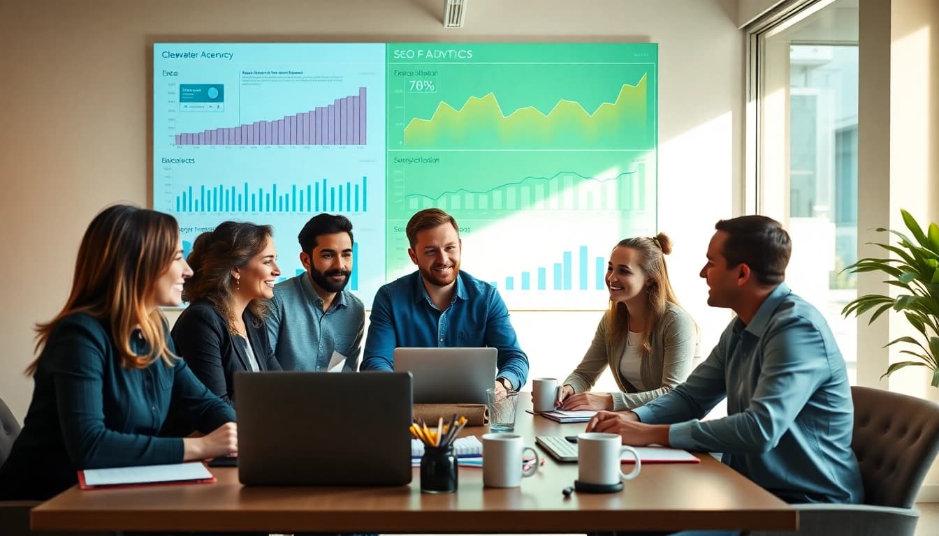 Collaboration at an SEO Agency Clearwater office, showcasing a diverse team strategizing.