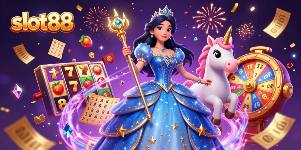 Engage with slot88 in a vibrant 3D scene featuring a glamorous woman and magical unicorn amidst dynamic slot game elements.