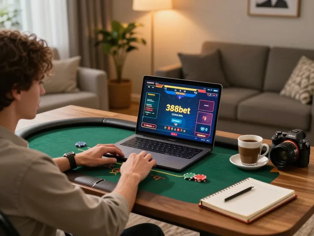 Engaging poker gameplay on 388bet displayed on a laptop amidst a cozy and inviting home setup.
