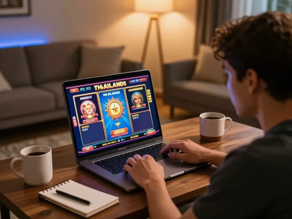 Engaging gameplay on slot thailand games via laptop in a cozy home setting, emphasizing strategic online gambling.
