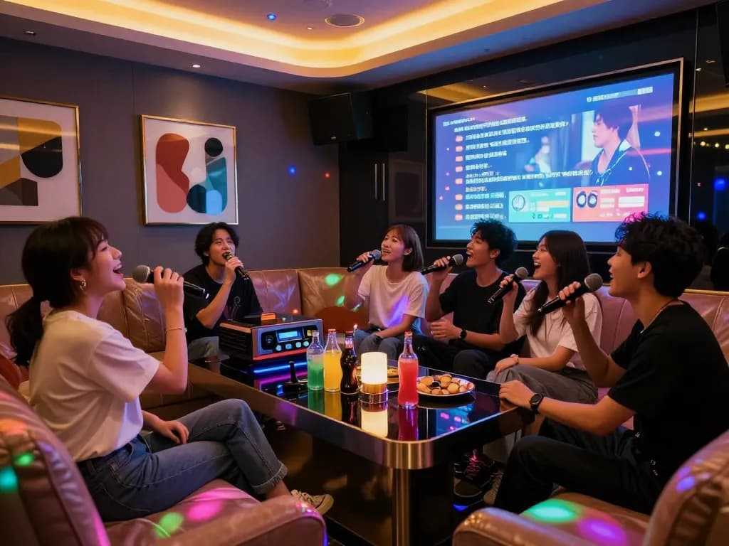 친구들이 음악과 즐거움으로 가득한 고급 노래방 밤을 즐기는 https://www.gangnamtune.com/perfect의 활기찬 분위기를 체험하세요.