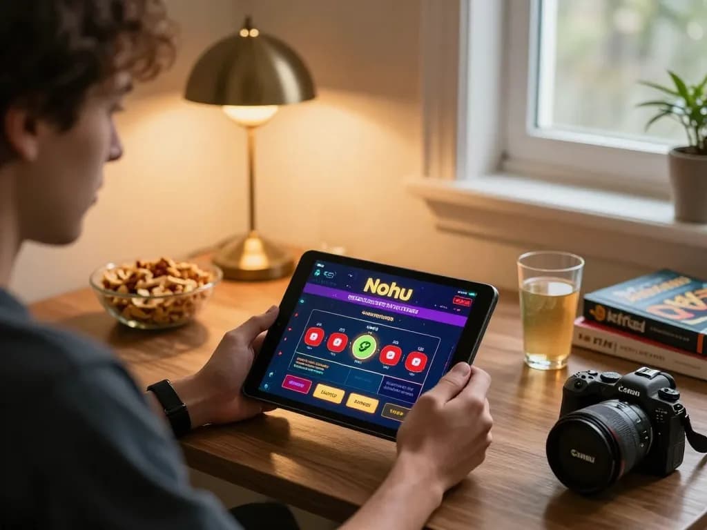 Player engaging with Nohu online casino on tablet at home, showcasing strategic gameplay and cozy atmosphere.