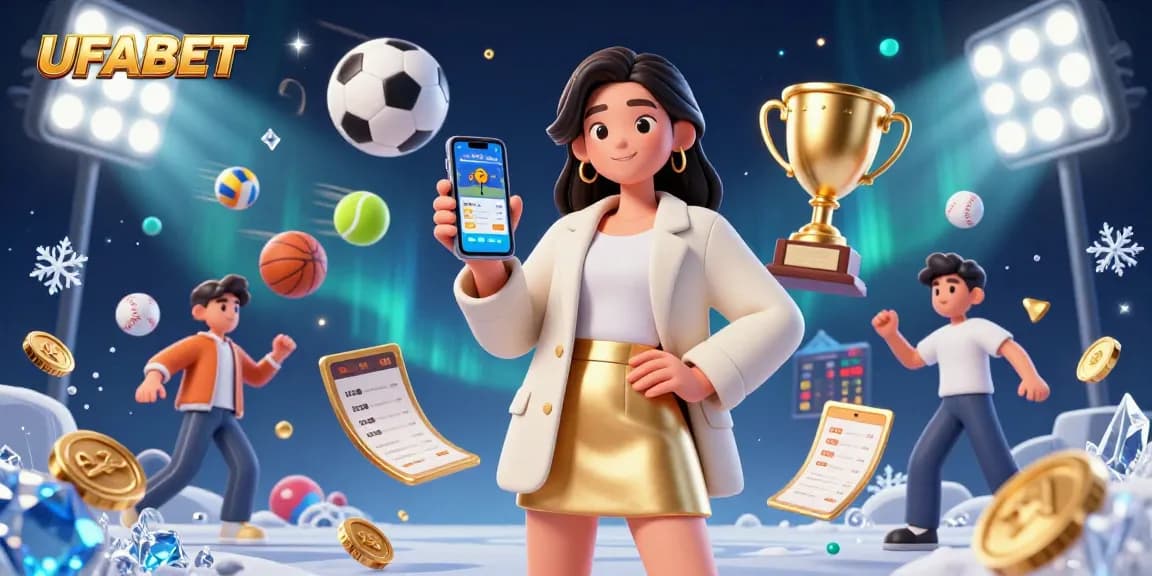 Experience thrilling sports betting with UFABET through a smartphone app, surrounded by dynamic gaming elements.