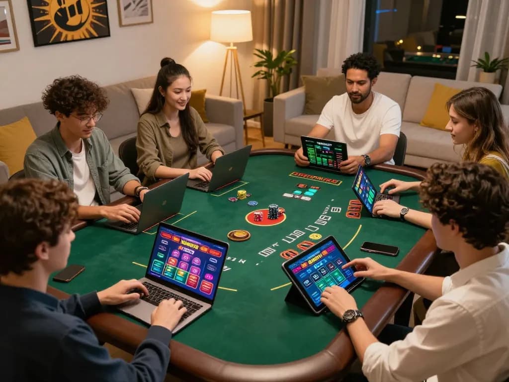 Playing blackjack with friends online using sunwinapk app in a cozy living room.