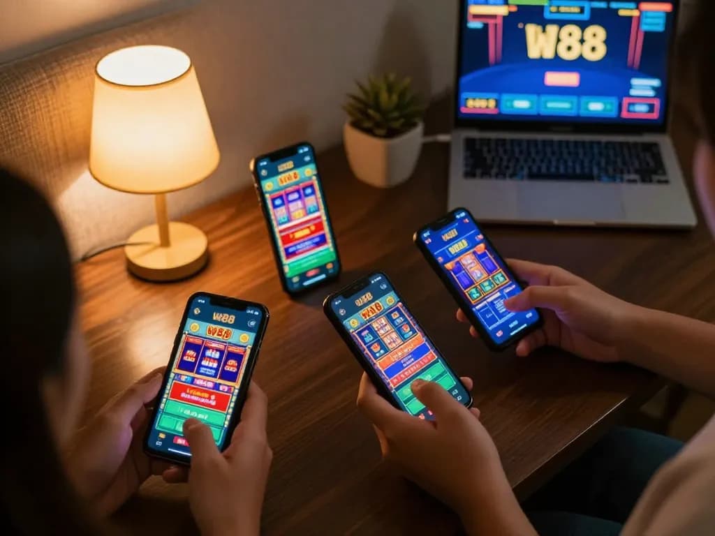 Playing the w 88 casino app on mobile devices in a cozy home setting, showcasing vibrant betting options.