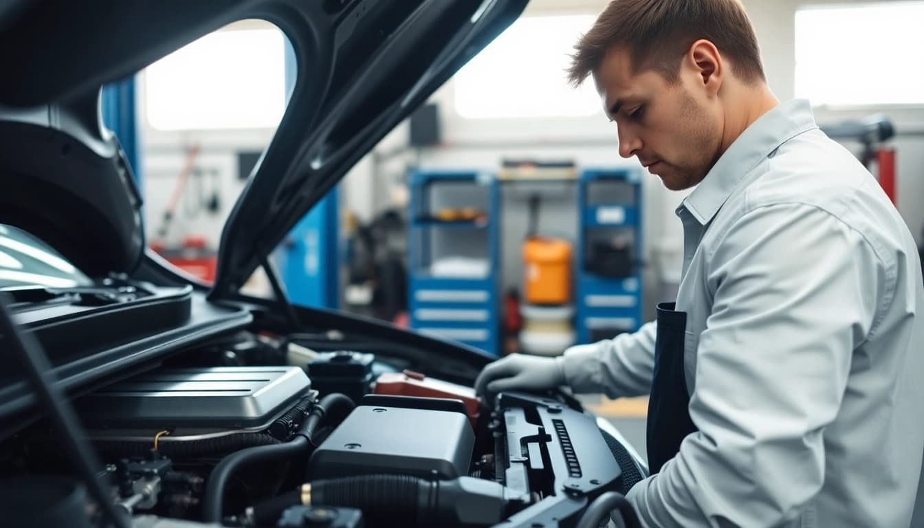 Inspecting engine for extended car warranty for used cars with a mechanic in a garage.