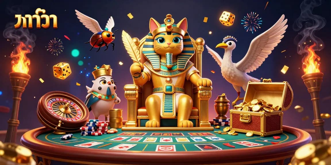 Experience the thrill of บาคาร่า at a vibrant casino table, featuring Egyptian characters and golden treasures.