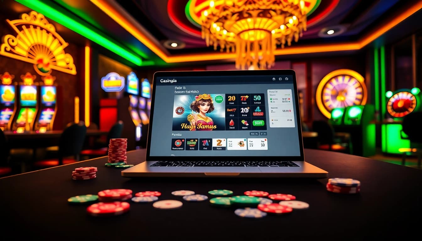 Des joueurs captivés dans un casino en ligne fiable avec des cartes de poker et des jetons vibrants.