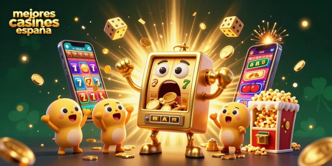 Mejores casinos online España: tragamonedas doradas y símbolos afortunados en una animada escena de casino.