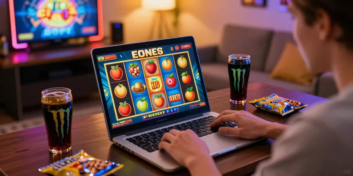 Engaged player enjoying feature buy slots in a vibrant online casino setup with gaming snacks and colorful graphics